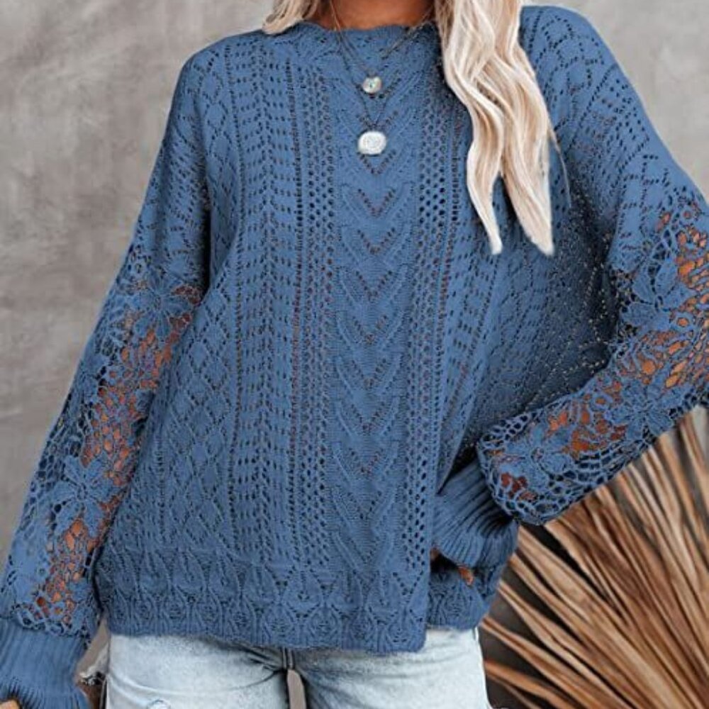 Blue Knit Crochet Cable Sweater Lacy Long Sleeves, Cottage Core Boho, size S